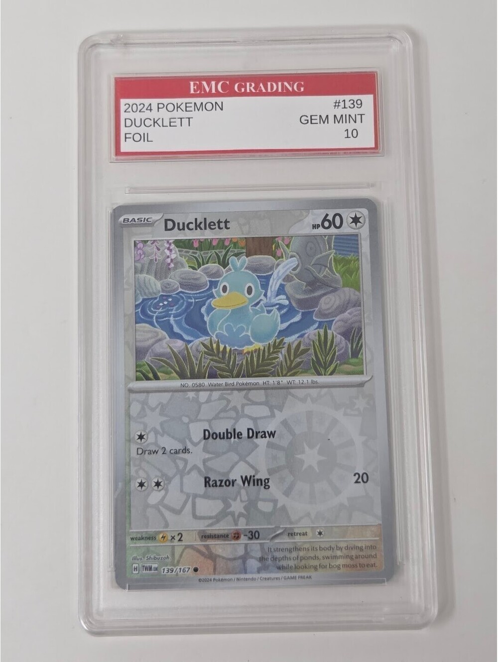 2024 Pokemon Ducklett 139 167 Foil EMC Grading Gem Mint 10 Card Slab